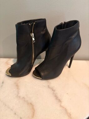 BCBG Black Leather Peep-Toe Ankle Booties with Gold Toe and Side Zip